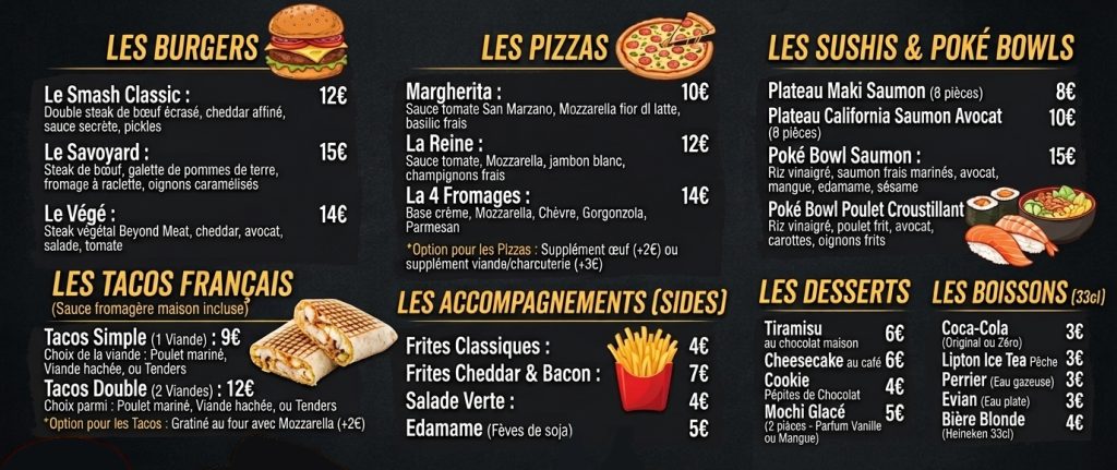 Menu de démonstration de l'agent téléphonique IA AlloAgent — burgers, pizzas, sushis, tacos, desserts et boissons avec prix